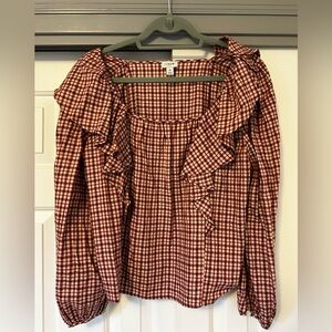 J. Crew Burgundy Checkered Ruffle Blouse